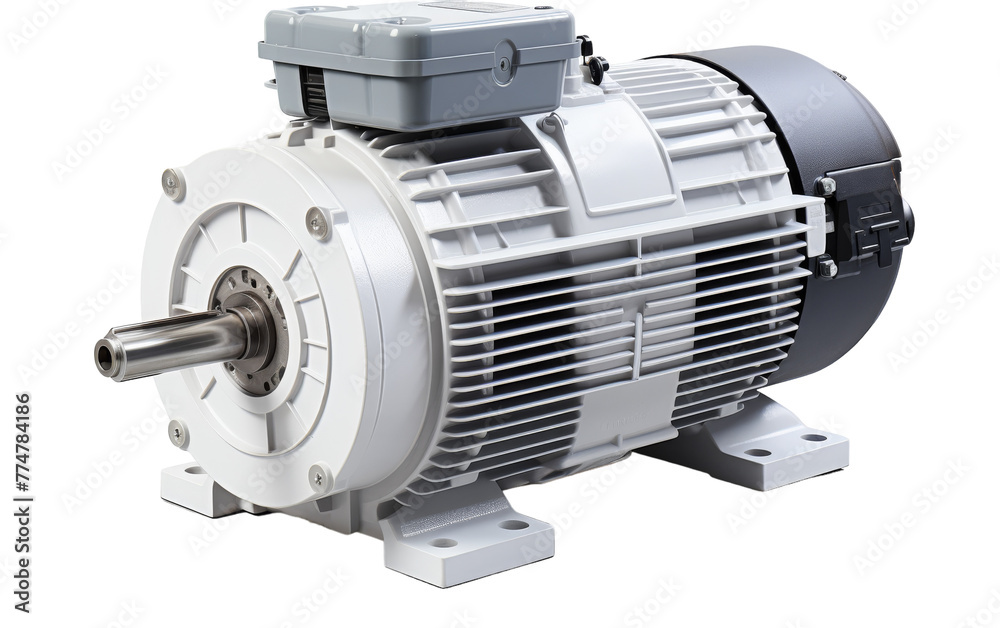 An electric motor, with wires and coils, sits on a white background An electric motor, with wires and coils, sits on a white background