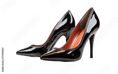 A pair of sleek black high heels displayed elegantly on a pristine white background
