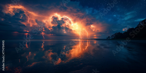 landscape panorama with thunderstorms and thunderbolt lightning in night sky in nature in summer over a sea water