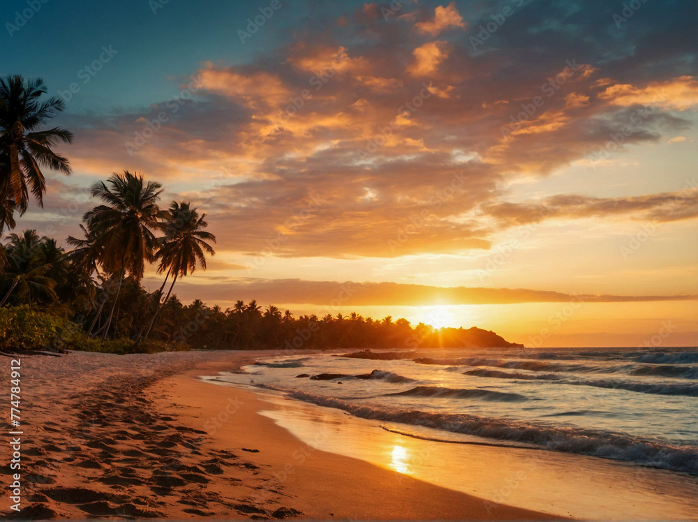 Sunset on a Relaxing Tropical Beach with Palm Trees and Waves