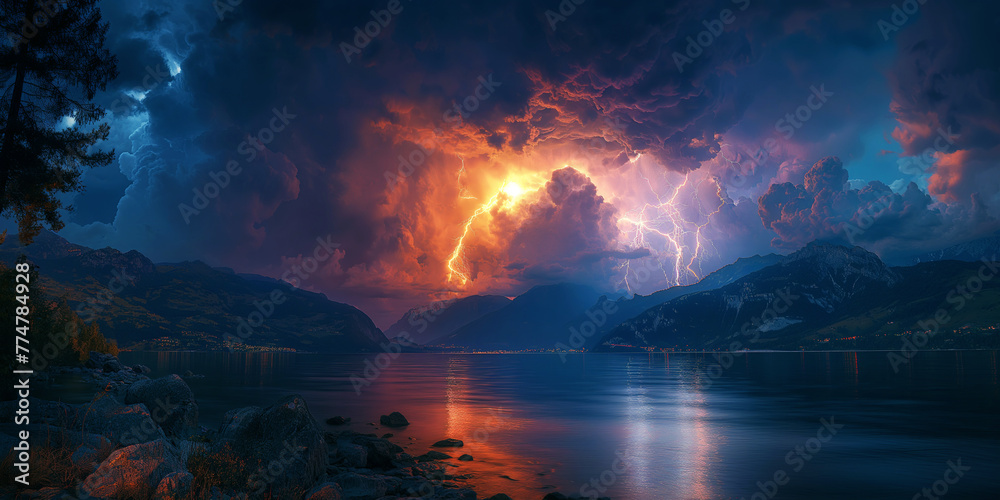 landscape panorama with thunderstorms and thunderbolt lightning in dramatic night sky in nature over lake with mountains