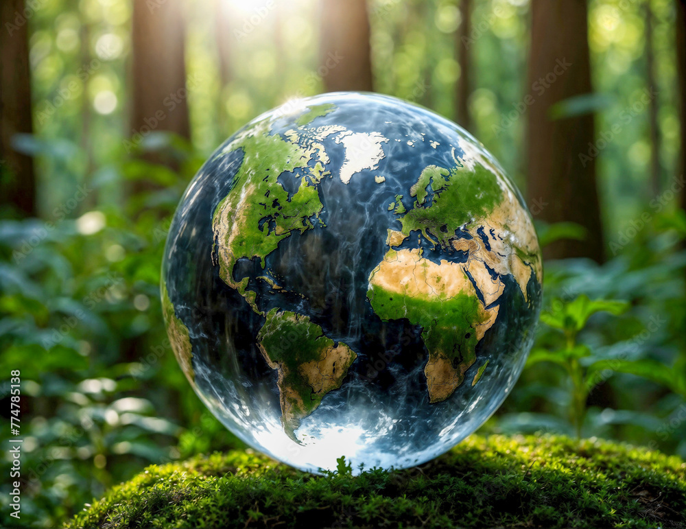World in a Glass Ball: Earth Globe on Mossy Forest Floor World in a Glass Ball: Earth Globe on Mossy Forest Floor