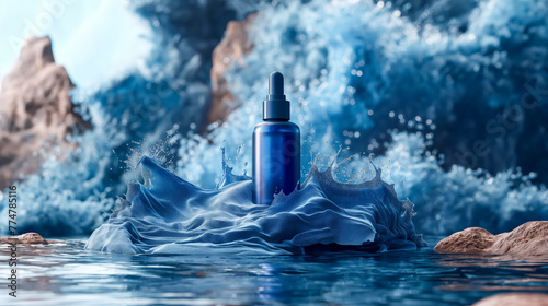 skincare bottle, moisturizing cosmetic serum in transparent bottle with droops in water waves photo