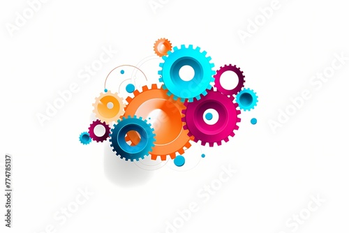 A series of interconnected, minimalistic vector gears in vibrant hues, symbolizing connectivity and movement, against a white solid background