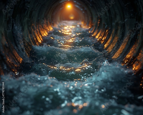 Underground Sewer Tunnel with Rushing Water