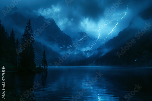 landscape with thunderstorms and thunderbolt lightning in night blue sky in nature in summer over a lake with mountains