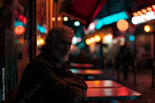 Portrait of an old man sitting in a restaurant at night.