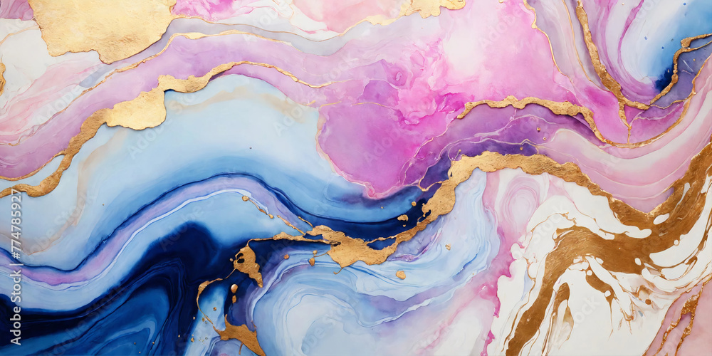 Abstract blue and pink marble texture with gold 