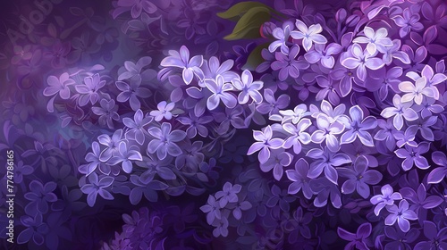 A cluster of lilacs, with their purple petals and white center, against a purple background.