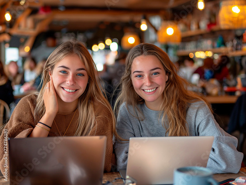 Two young caucasian women, smiling students using laptop computer sitting on chairs in cafe