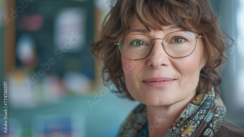 A close-up of a woman with glasses in front of a bookshelf. photo