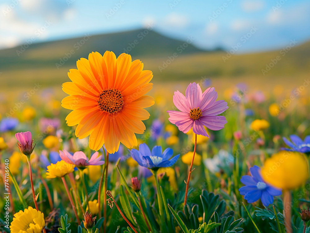 Obraz premium Chamomile flowers field wide background in sun light. Summer Daisies. Beautiful nature scene