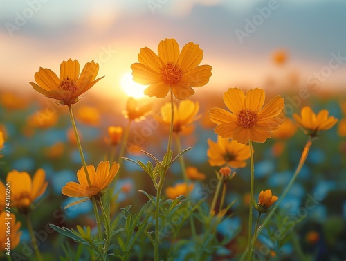 Chamomile flowers field wide background in sun light. Summer Daisies. Beautiful nature scene