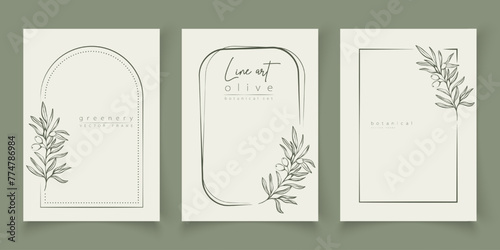 Botanical line art illustration set of olive leaves, branch frames for wedding invitation and cards, logo design, web, social media and posters template. Elegant minimal style floral vector isolated.	