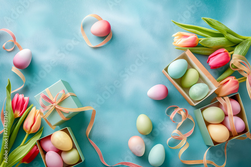 flat lay of Easter eggs with tulip flowers and gift boxes on blue gray background. space for text