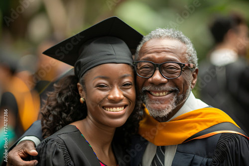Proud father hugging daughter in graduation cap. Family celebration and academic success concept for university graduation events and personal milestones.