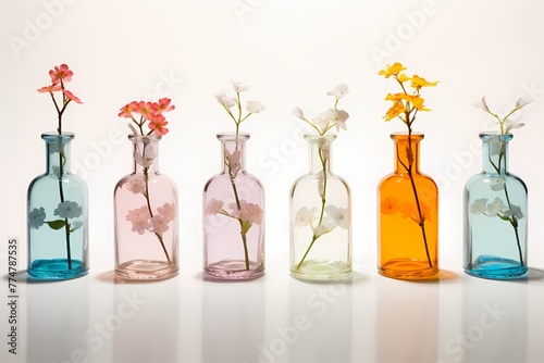 A series of translucent, colored glass bottles with single stems of delicate flowers, casting colorful shadows, isolated on white solid background