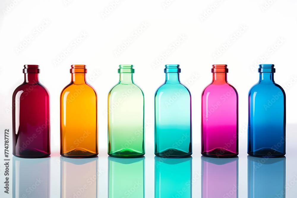 A series of translucent, gradient-colored glass bottles with minimalist labels, casting vibrant reflections, isolated on white solid background