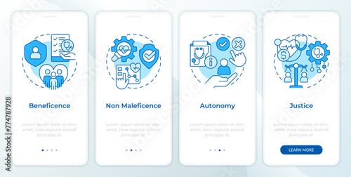 Principles of bioethics blue onboarding mobile app screen. Walkthrough 4 steps editable graphic instructions with linear concepts. UI, UX, GUI template. Montserrat SemiBold, Regular fonts used