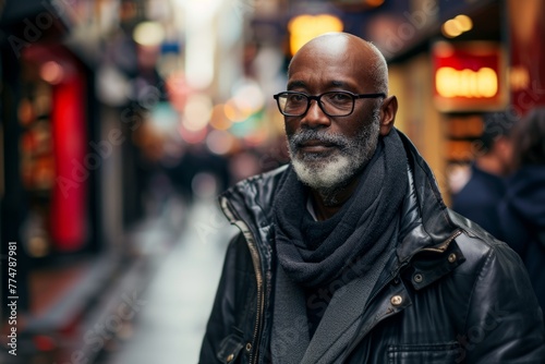 Portrait of a senior African American man with eyeglasses, wearing a black leather jacket and scarf, standing in a narrow street in the old city.