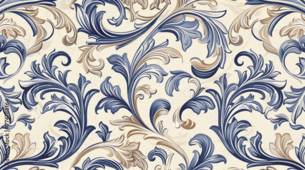 Fototapeta Ornamentation of the Renaissance period combine swirling foliage, acanthus leaves, and classical figures in a pattern that primarily uses blue and beige created with Generative AI Technology