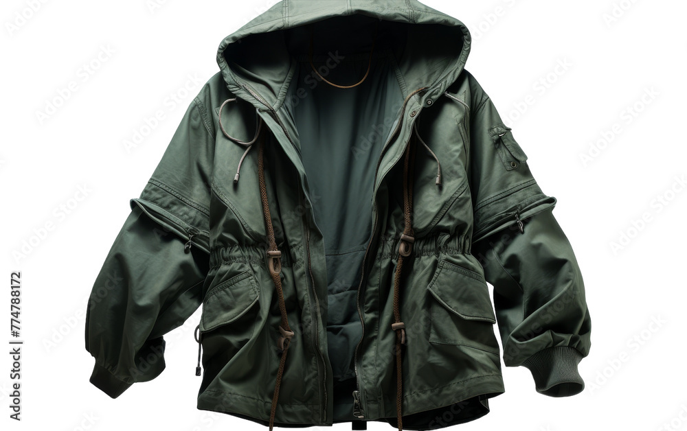 A green jacket with a hood and zippers hanging in a mysterious forest A green jacket with a hood and zippers hanging in a mysterious forest