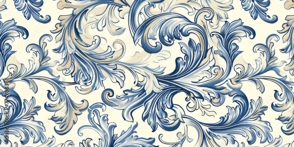Fototapeta Ornamentation of the Renaissance period combine swirling foliage, acanthus leaves, and classical figures in a pattern that primarily uses blue and beige created with Generative AI Technology