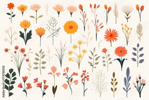A series of vibrant  minimalistic vector illustrations of flowers and plants arranged neatly on a white solid background