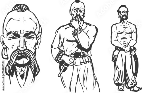 A man, a Ukrainian cossack. A set of sketch drawings. Vector photo