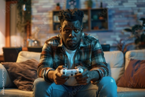 Man intensely focused while playing video games on the couch late at night