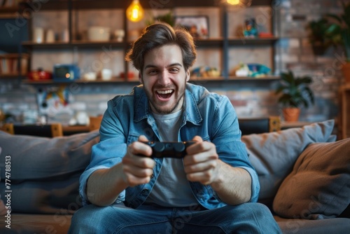 Enthusiastic man gaming with a controller on the sofa, displaying a happy demeanor photo