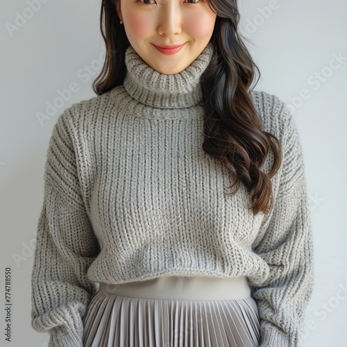 Close-up of a Pretty Young Korean Woman in Knit Turtleneck Sweater and Pleated Midi Skirt, emanating cozy sophistication with a warm grin photo on white isolated background