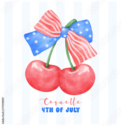 Coquette 4th of July Cherry with stars and stripes ribbon Bow Watercolor.