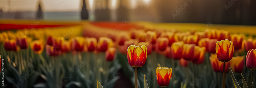 The banner is a field of bright multicolored tulips. sunlight
