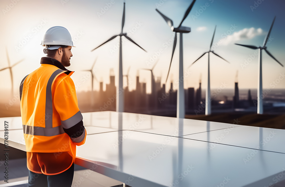 a man in specialized clothes on the background of a model with wind turbines in a modern developed city. eco-friendly production of resources. technologies of the future