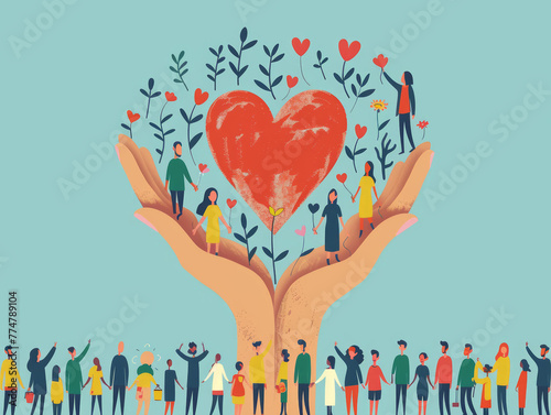 concetto di sostegno alla comunità, persone che lavorano insieme , senso di comunione e amicizia, giornata mondiale della solidarietà, mani che accolgono un cuore photo