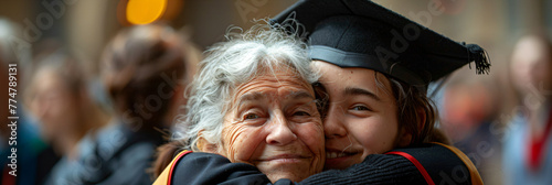 Joyful graduate embracing elderly relative at commencement ceremony. Multigenerational family and educational achievement theme for graduation announcements photo