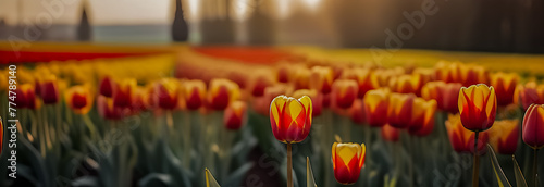 The banner is a field of bright multicolored tulips. sunlight
