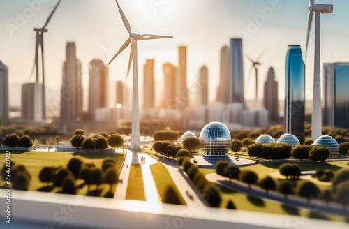 wind turbines against the background of a modern developed city . solar panels on buildings. eco-friendly production of resources. technologies of the future photo