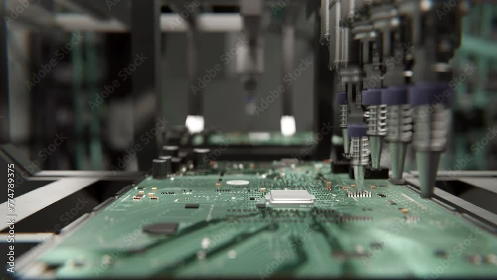 Macro Shot of Automatic Pick and Place machine quickly installs Components on Circuit Board. While board moving through Assembly Line. Electronics and Circuit board Manufacturing Factory.