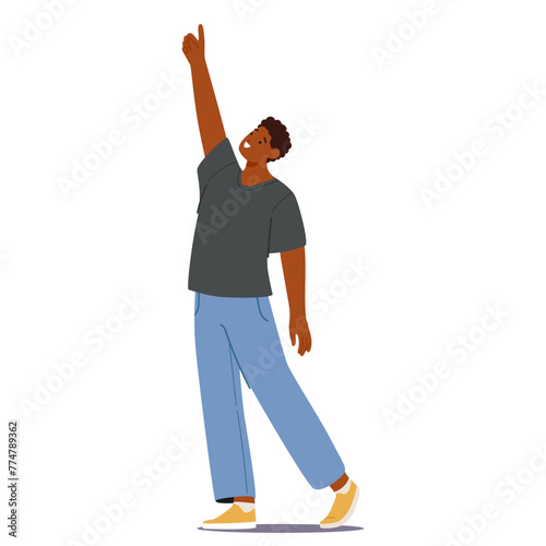 Black Man Character Gazes Upward, Eyes Filled With Curiosity And Wonder. Both Hands Raised, He Points Skyward