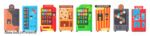 Vending machine with fast food snacks, drinks, nuts, chips, cracker, juice, sandwich. Colorful automat front view with cold drink, snack, popcorn and coffee in flat design. Vector illustration. photo