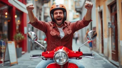 A man on a red motorcycle with helmet and arms up, AI