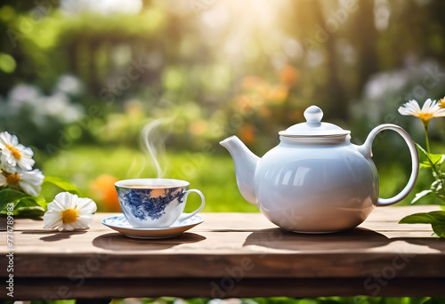 A cup of tea and a teapot on a wooden table in the garden