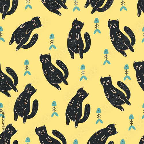 seamless yellow pattern with black cat
