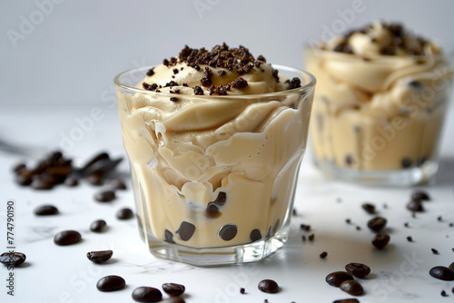 A decadent affogato topped with crushed espresso beans for added crunch, super realistic photo
