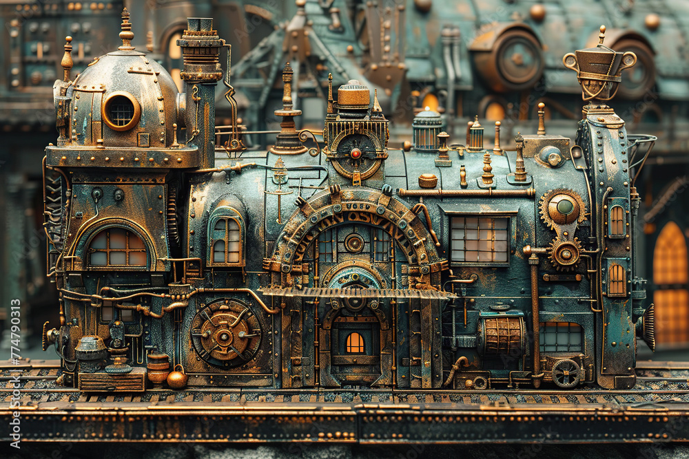 fortress, castle, old town, construction, vintage background, products, enginer, generative, ai, steampunk, clock background, , machine, mechanical, blue, gold, gear, clock, watch, mechanism,