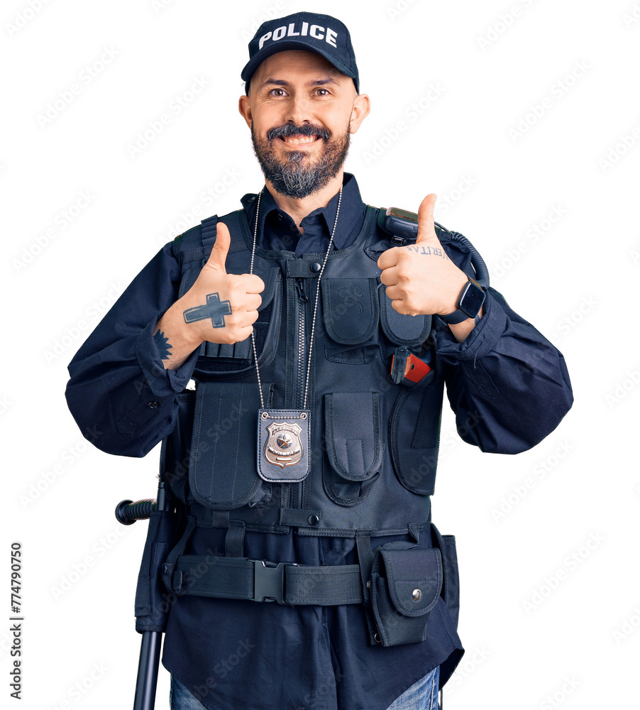 Φωτογραφία Young handsome man wearing police uniform success sign doing positive gesture with hand, thumbs up smiling and happy