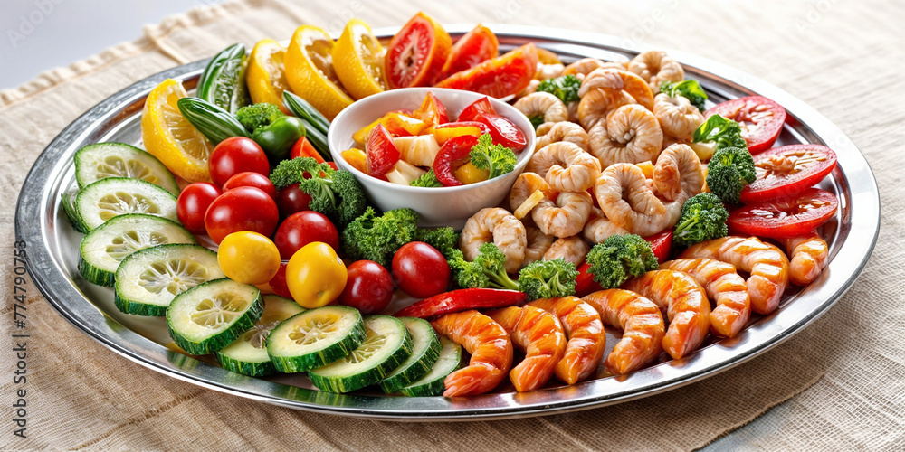beautiful cutting of vegetables, snacks, shrimp, cherry tomatoes