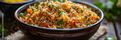 Tomato Pulav or Pilaf made using basmati rice and red tomatoes, served in a bowl. 